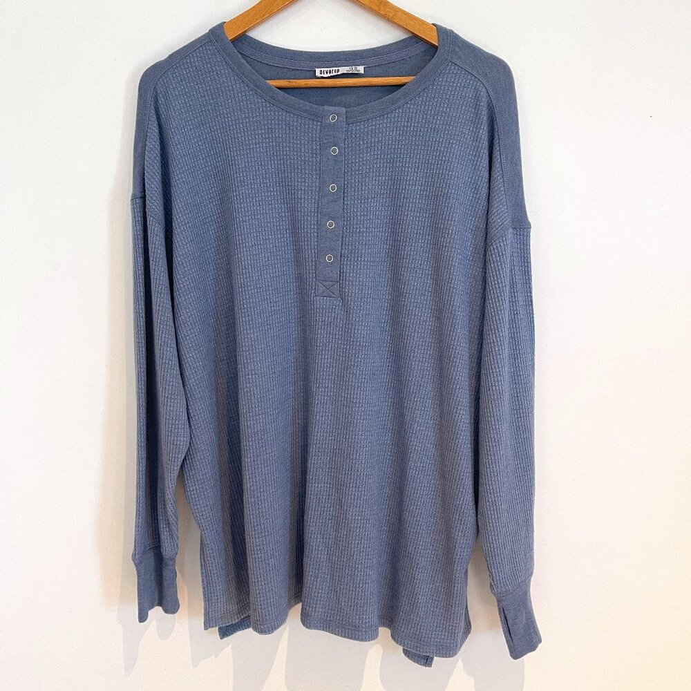 Devoted Women Blue Long Sleeve Henley Soft Warm Waffle Knit Shirt Size 2X